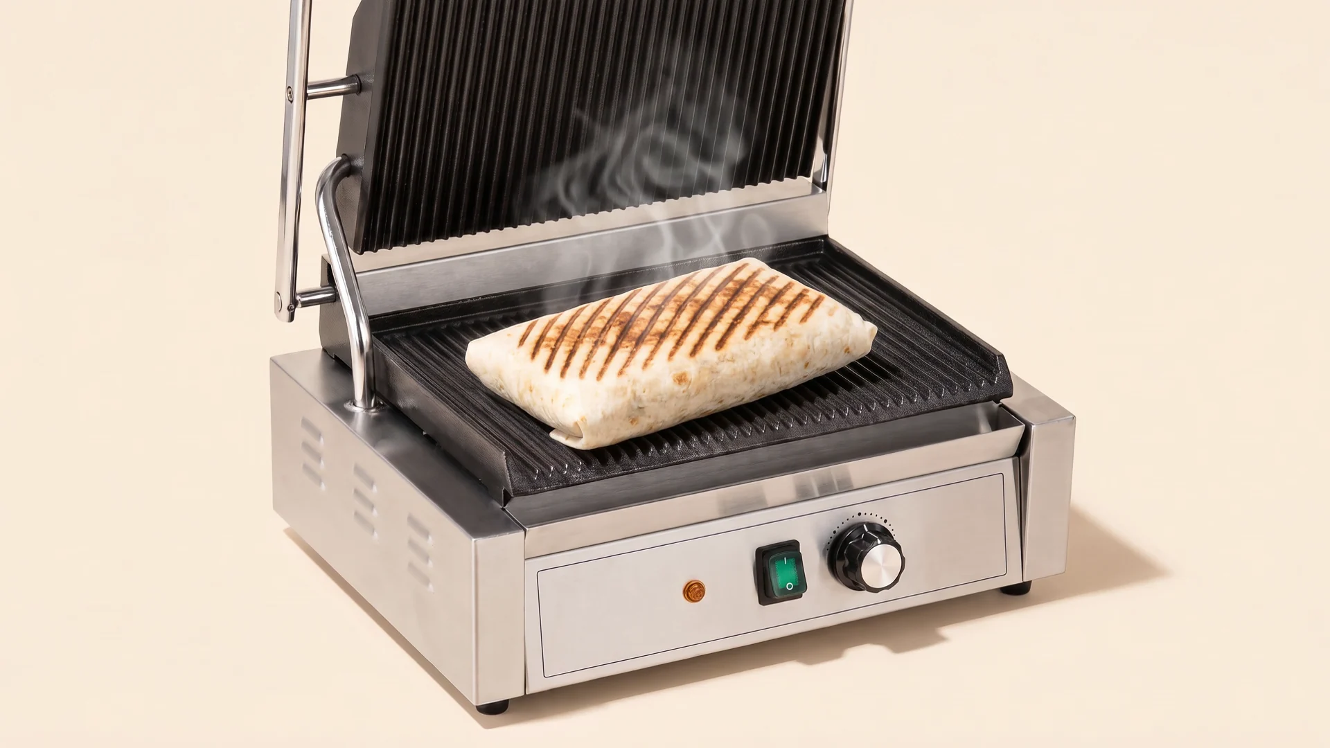 Un French taco recién prensado en una parrilla de contacto abierta, dorado, con las marcas de la plancha y echando vapor